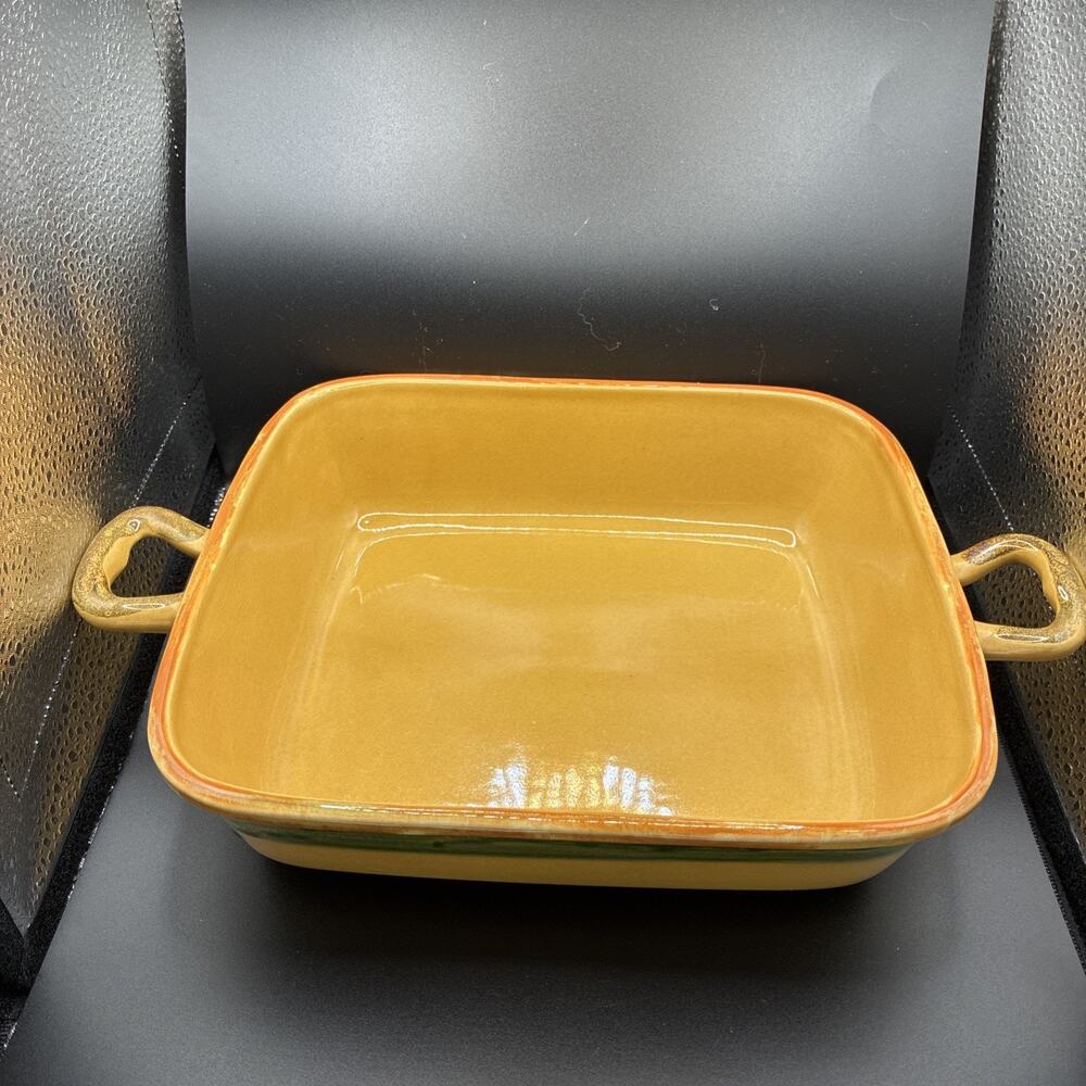 Vintage Hand Made In Italy Baking Dish Yellow Terracotta And Green Colored